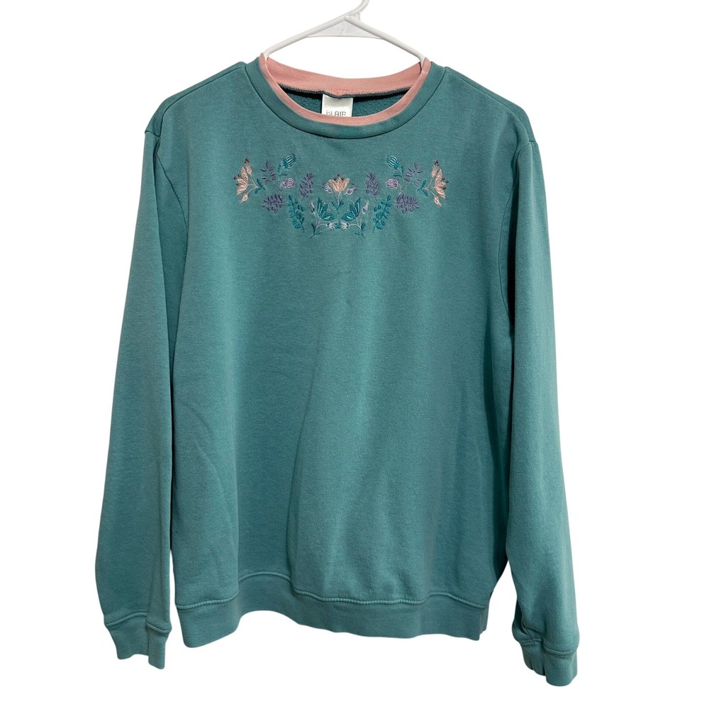 Vintage Blair Sweatshirt M Teal Floral Embroidered Double Crew Neck Grannycore